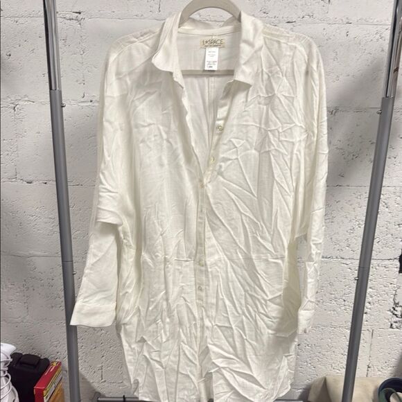 l*Space Button Down Long Sleeve Ivory Shirt Dress or Cover Up in Medium LIKE NEW - Picture 1 of 4